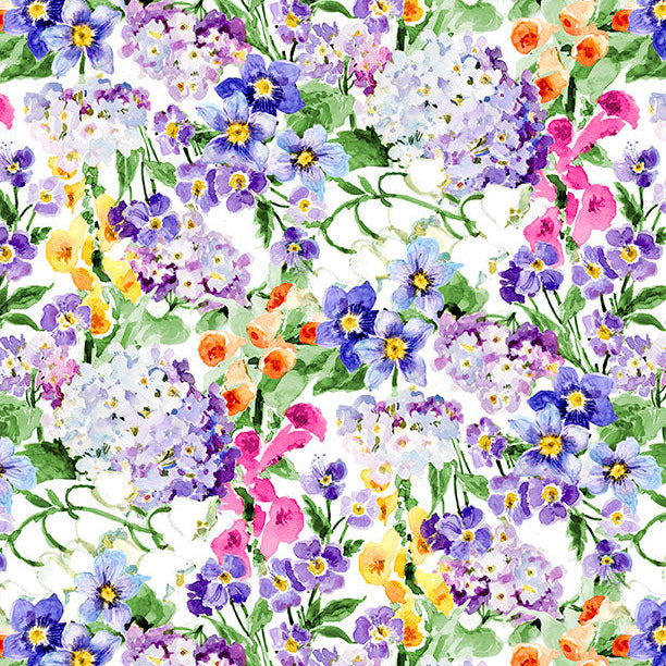 Colorful floral pattern with various flowers on a white background