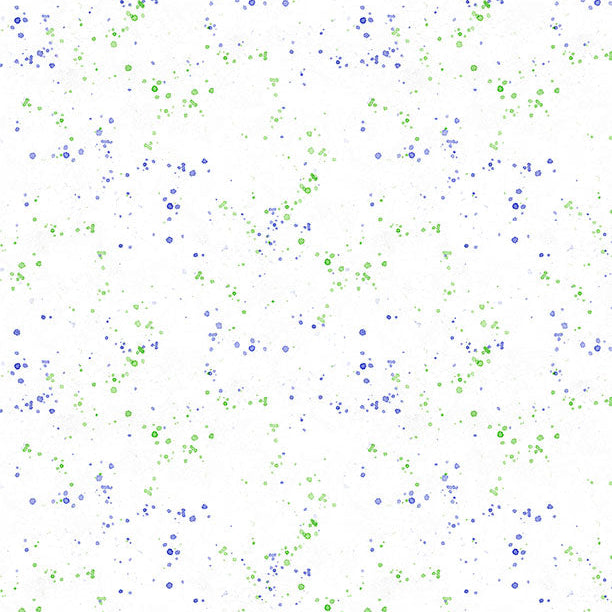Pattern of blue and green dots on a white background