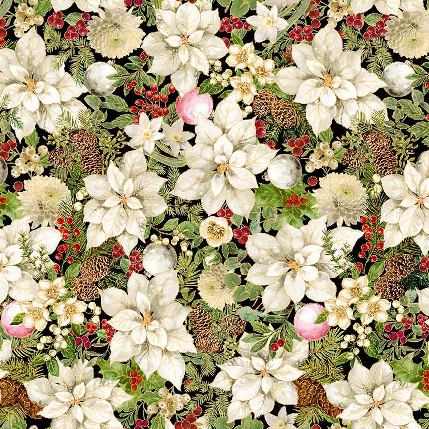 Pattern of white flowers, green leaves, and red berries on a black background