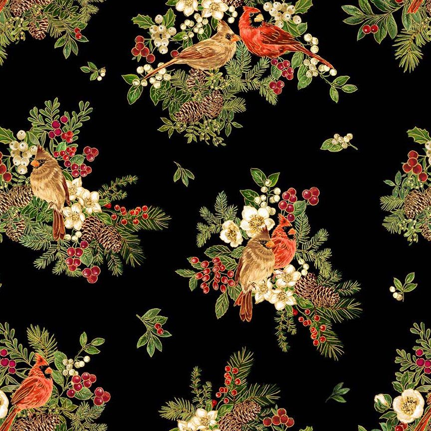 Pattern of cardinals, flowers, and berries on a black background