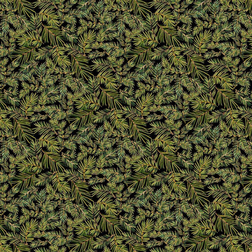 Pattern of green pine branches on a black background