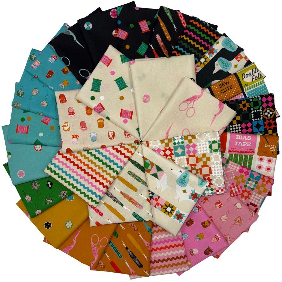 A circular arrangement of multiple fabric swatches with sewing and craft-themed patterns, including spools of thread, scissors, needles, pins, and geometric designs in many colors on a white background.