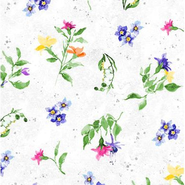 Pattern of colorful flowers and leaves on a white background