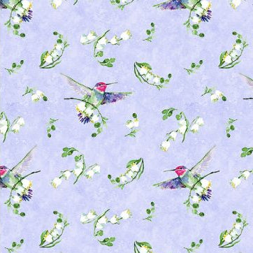 Pattern of hummingbirds and flowers on a light purple background