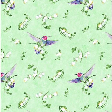 Pattern of hummingbirds and flowers on a light green background