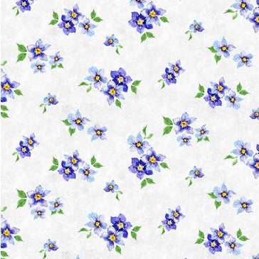 Pattern of small blue flowers with green leaves on a white background
