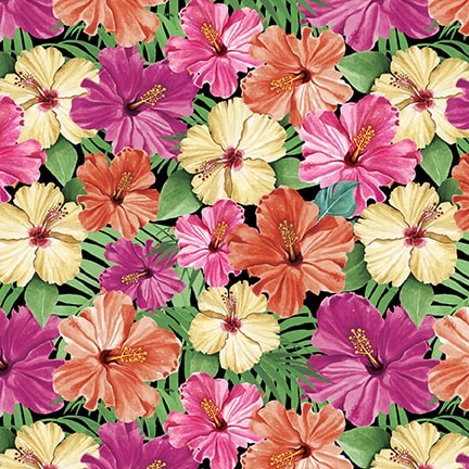 Pattern of colorful tropical flowers on a black background