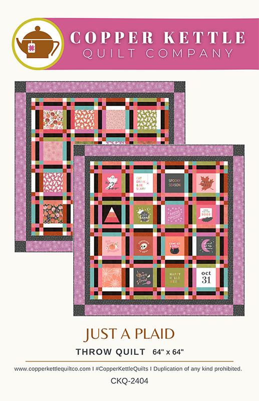 Packaging for 'Just a Plaid' quilt patterns showing four different quilt blocks with a fall and Halloween theme.