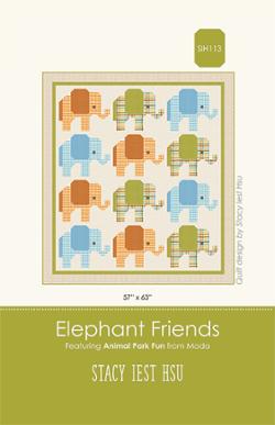 Quilt pattern cover for 'Elephant Friends' by Stacy Westhus with colorful elephant design on a white background.