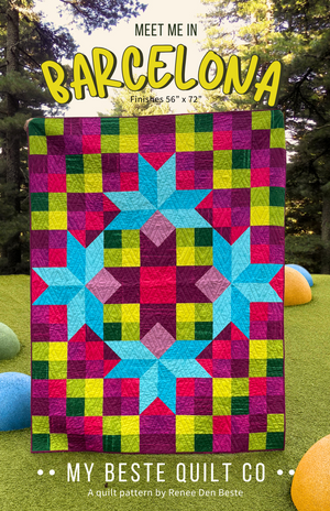 Colorful quilt pattern with 'Meet Me in Barcelona' text and 'My Beste Quilt Co.' branding.