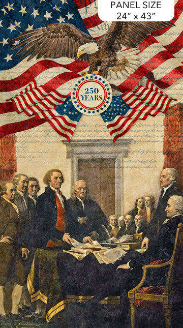 Historical scene with people around a table, American flags, and an eagle, celebrating 250 years.