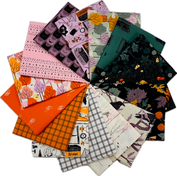 Collection of Halloween-themed fabric swatches in various patterns and colors.
