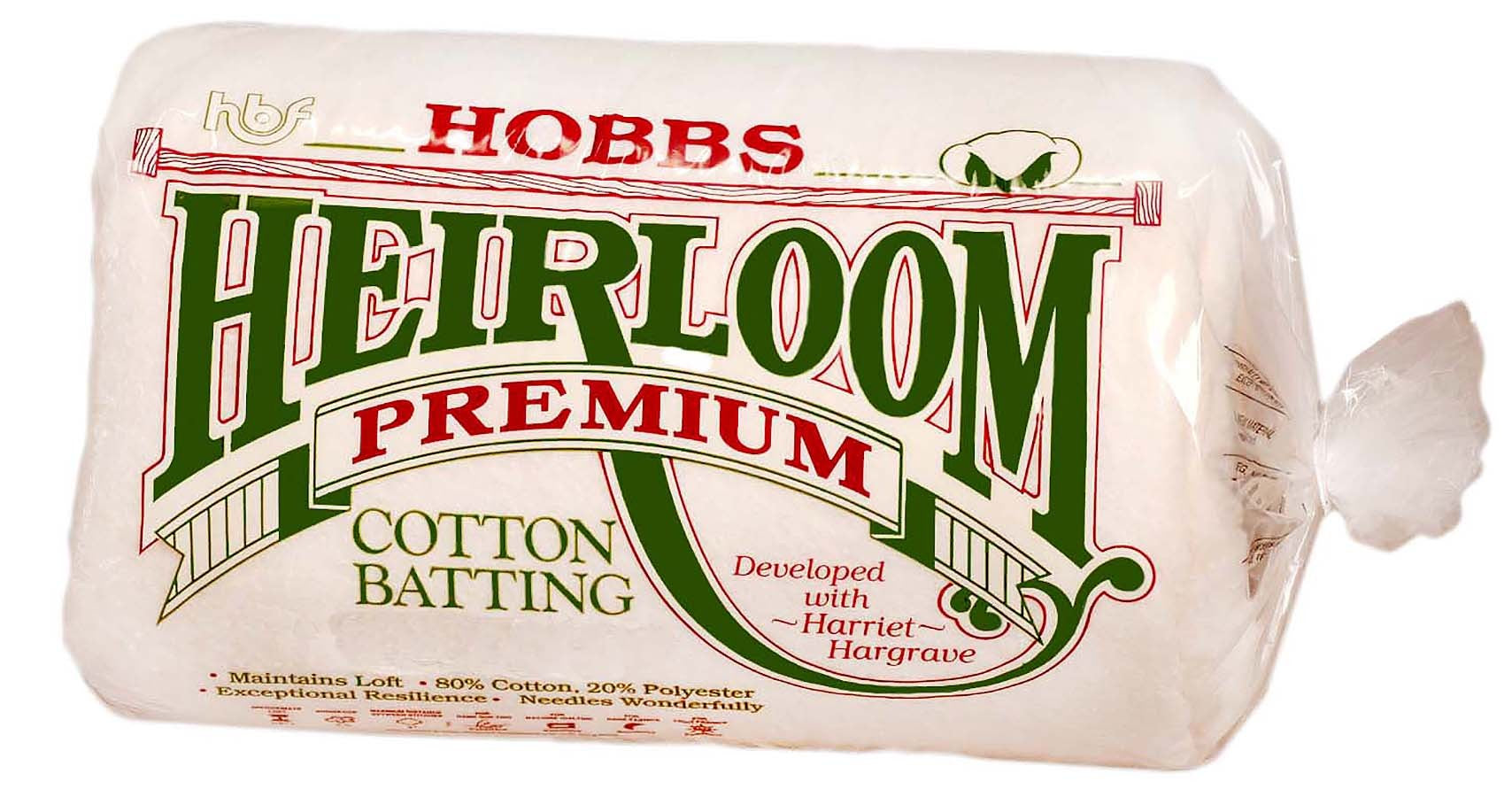 Package of Hobbs Heirloom Premium Cotton Batting with branding and product details.