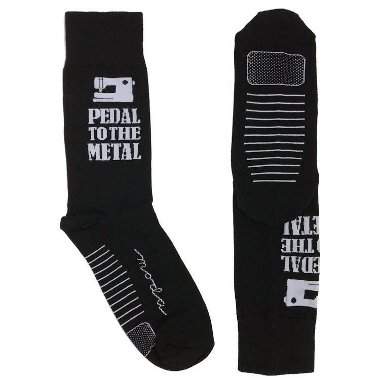 Black crew socks with “Pedal to the Metal” sewing machine design