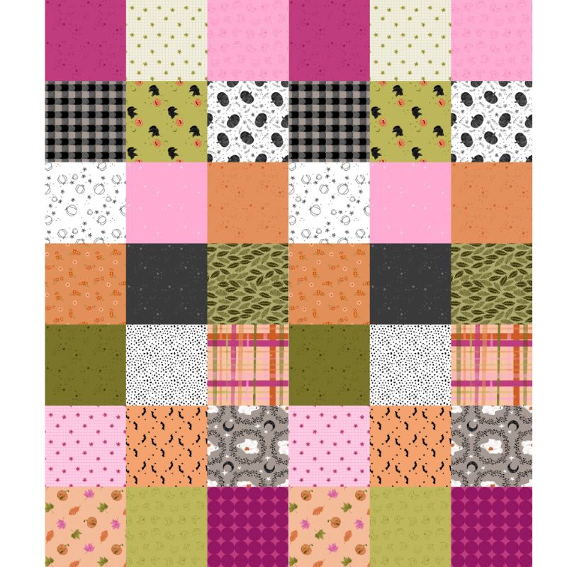 Patchwork pattern with colorful squares in various designs on a white background
