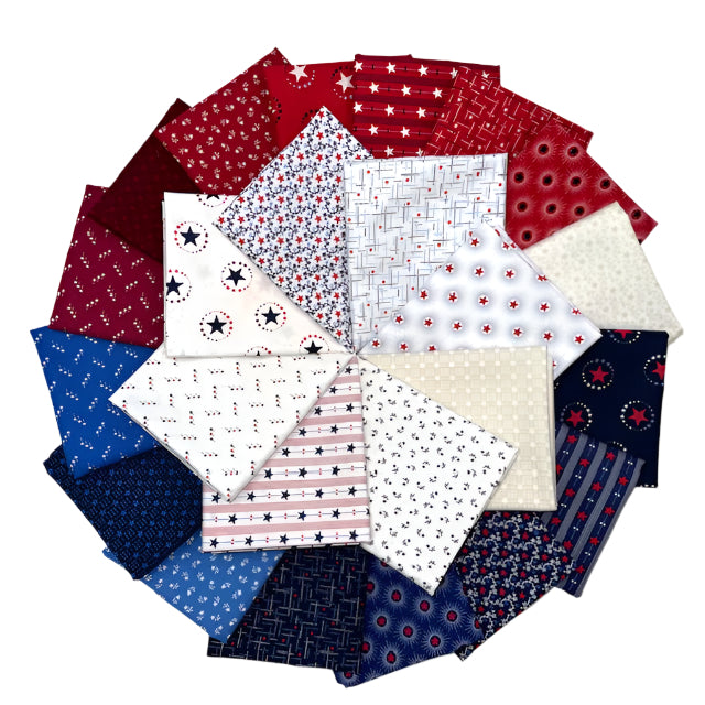 A collection of cotton fabrics in red, white, and blue with various patterns including stars and stripes, arranged in a spiral layout.