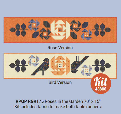 Two quilted table runner designs labeled 'Rose Version' and 'Bird Version' on a blue background with a kit label.