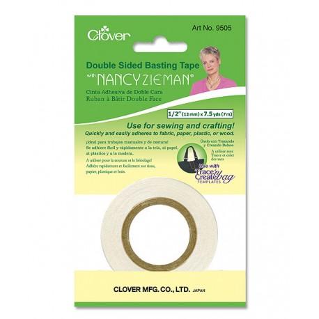 Packaging for Clover Double Sided Basting Tape with Nancy Zieman, showing the tape roll and product information.