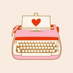 Illustration of a pink and gold ornment typewriter with a heart on the paper feed slot