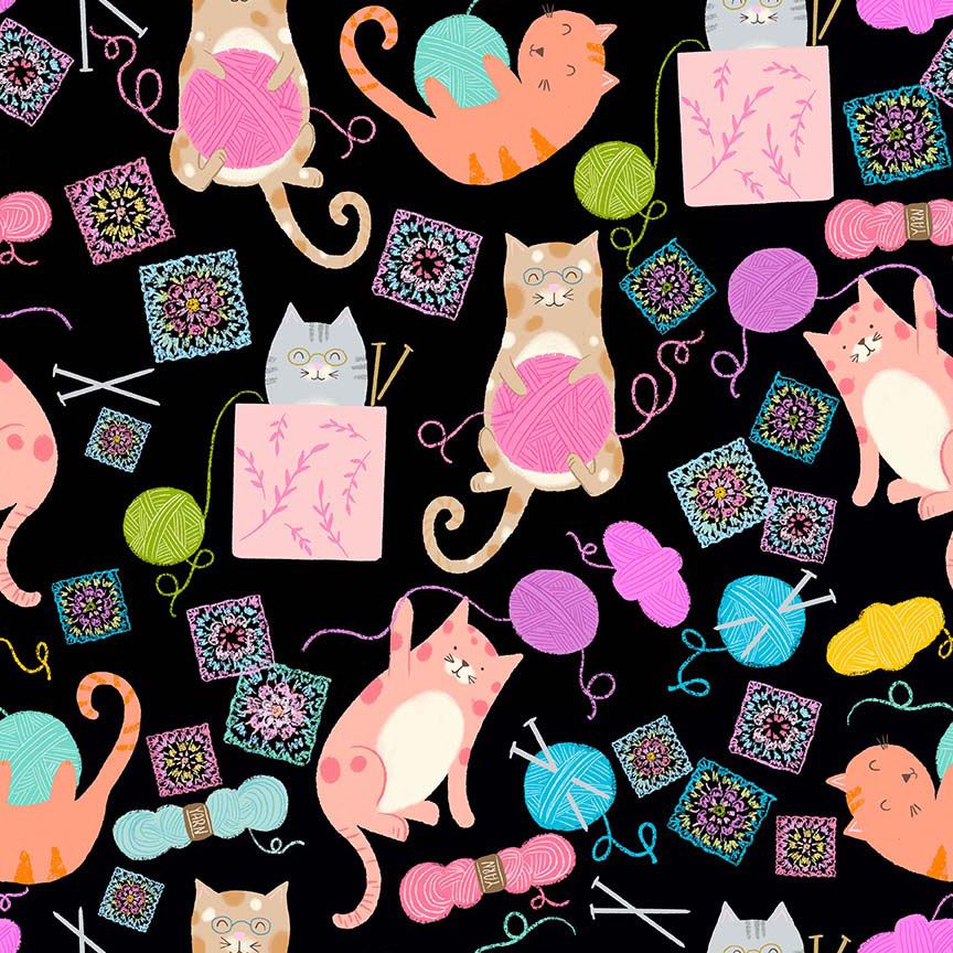 Pattern of cats with yarn and knitting supplies on a black background