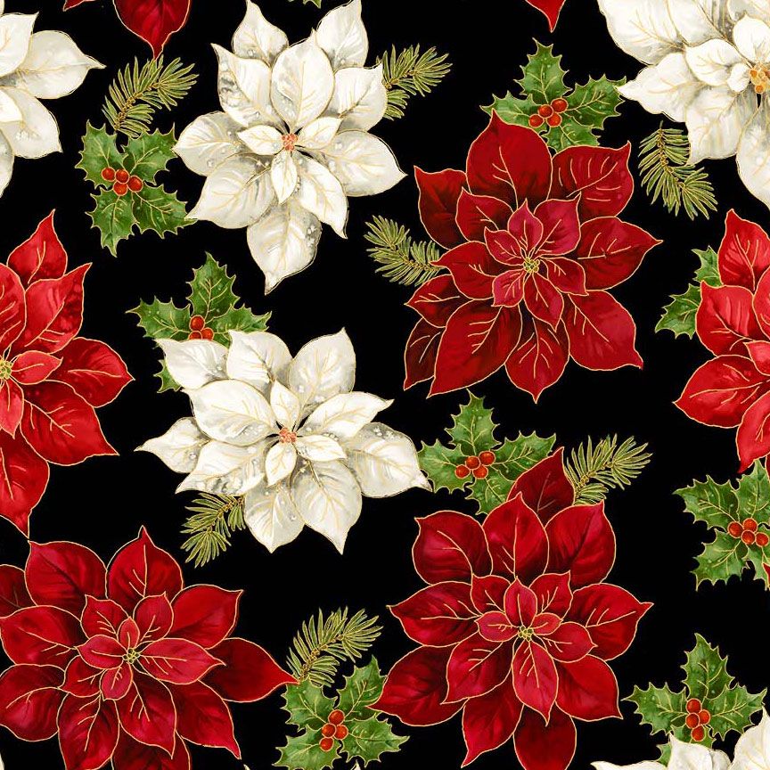 Pattern of red, white, and green poinsettias and holly leaves on a black background