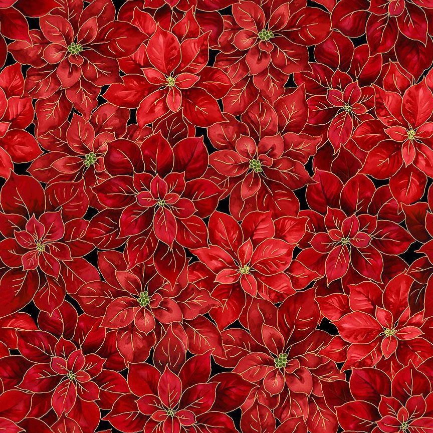 Pattern of red poinsettias on a black background
