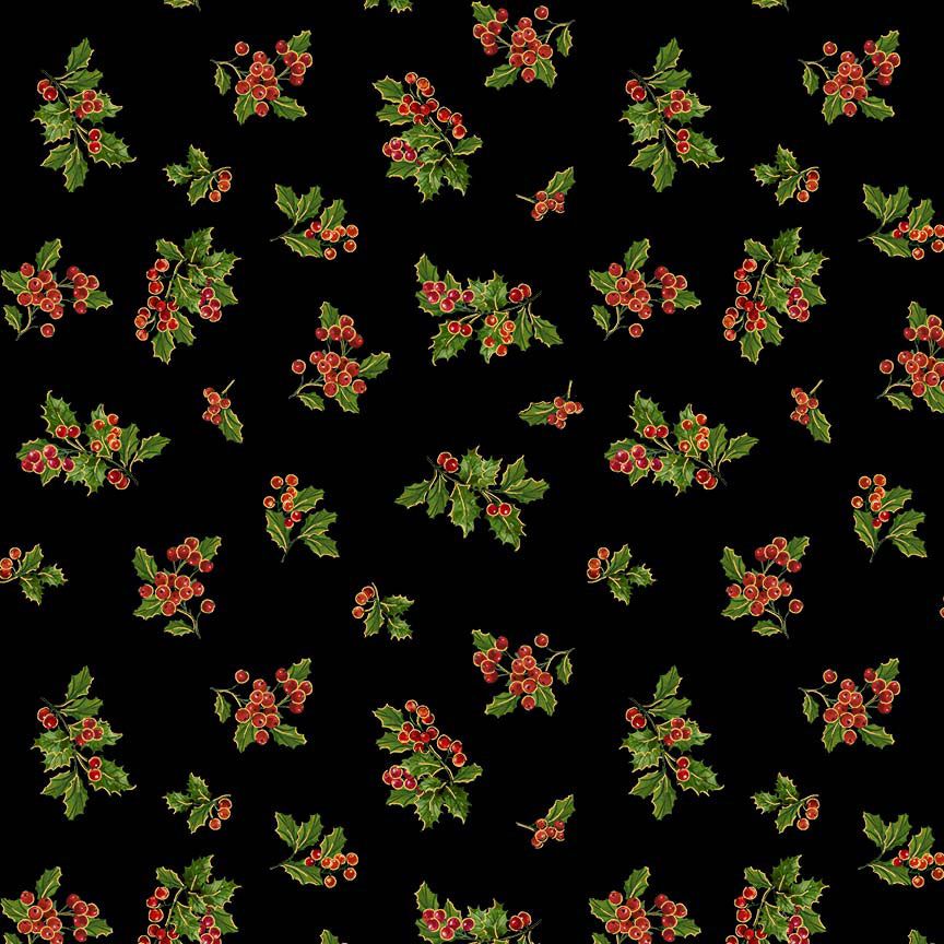 Holly leaves and berries pattern on a black background