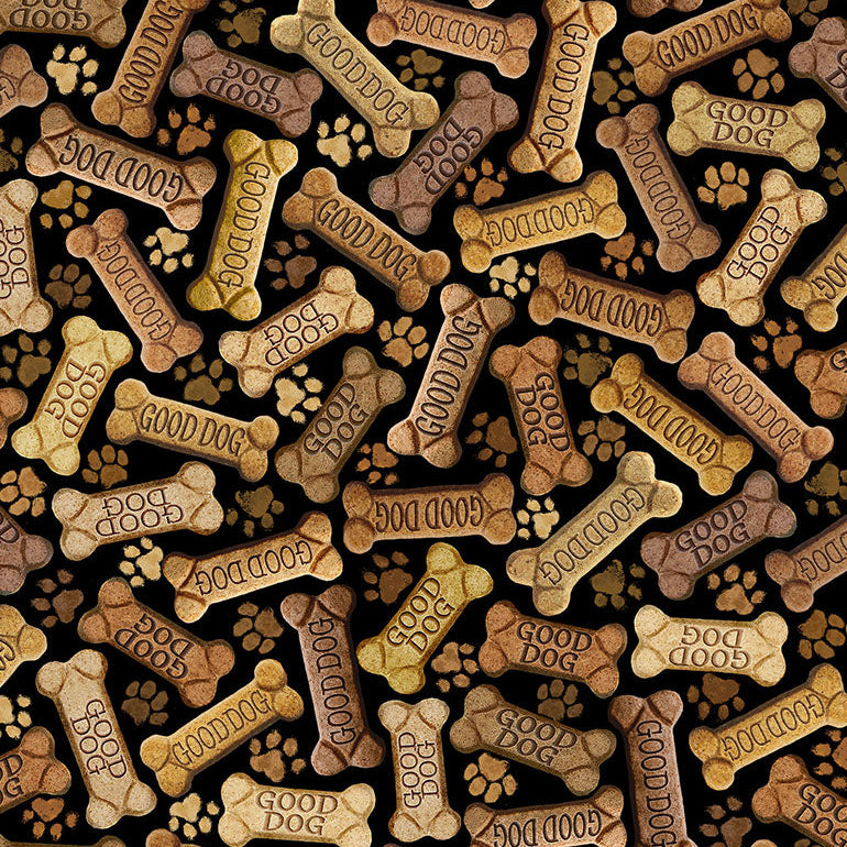 Pattern of dog bone cookies with 'Good Dog' text on a dark background