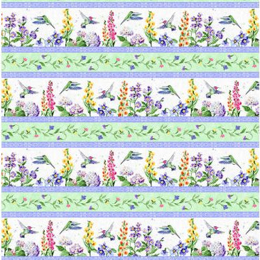 Striped fabric pattern with flowers and hummingbirds on a white background