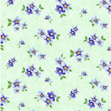 Pattern of purple flowers with green leaves on a light green background