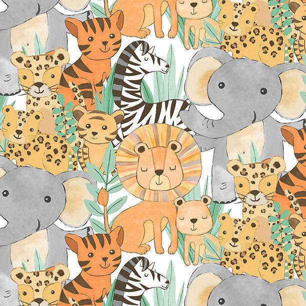 A colorful pattern featuring various cute animals like lions, tigers, zebras, elephants, and leopards among greenery.