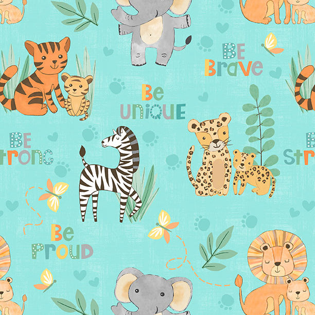A colorful pattern featuring cute animals like elephants, tigers, zebras, and lions, with motivational phrases like "Be Brave" and "Be Unique."