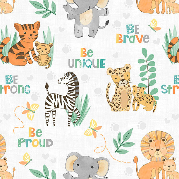 A playful pattern featuring various cute animals like elephants, lions, and tigers, with motivational phrases and greenery.