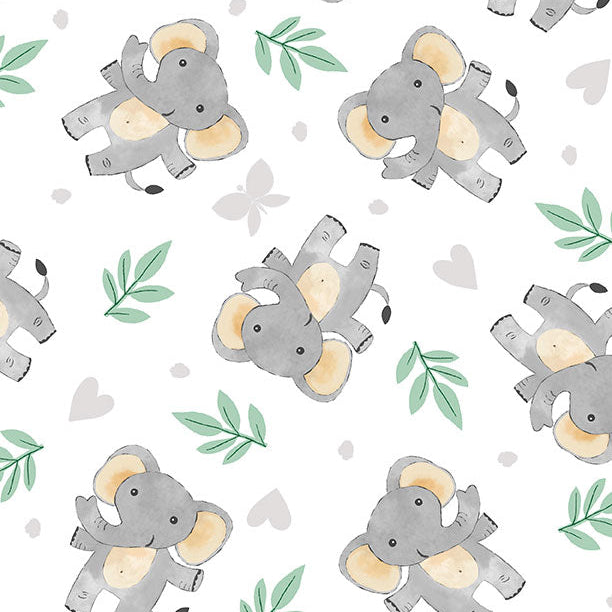 A playful pattern featuring cute gray elephants and green leaves on a white background.