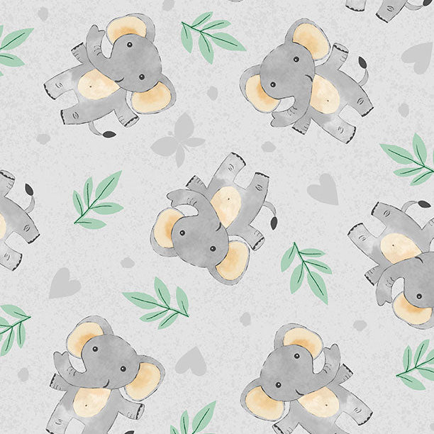 A playful pattern featuring cute gray elephants with large ears, surrounded by green leaves and hearts on a light gray background.