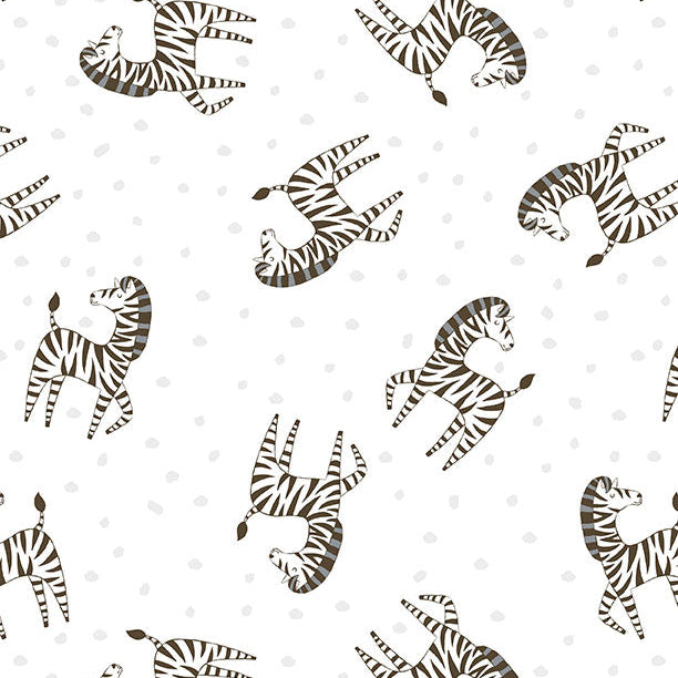 A playful pattern featuring stylized zebras in various poses on a white background, accented with light gray dots.
