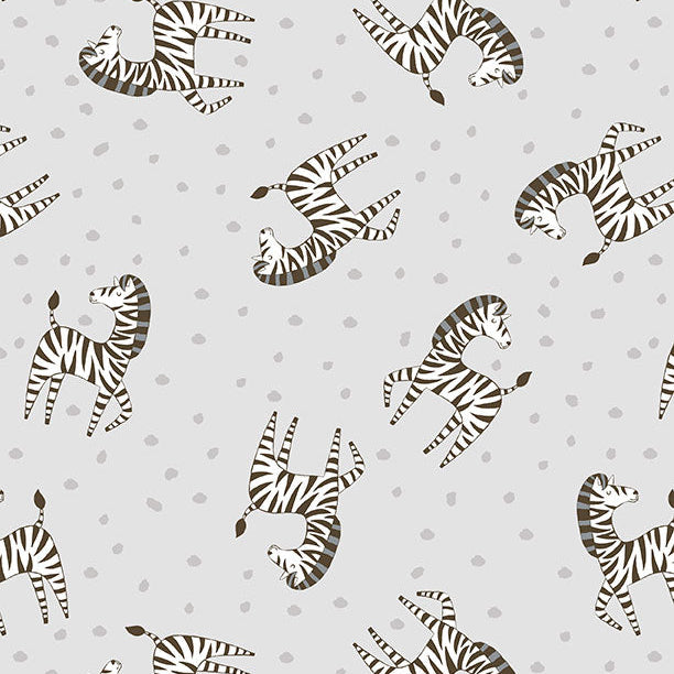 A playful pattern featuring stylized zebras in various poses on a light gray background with scattered dots.