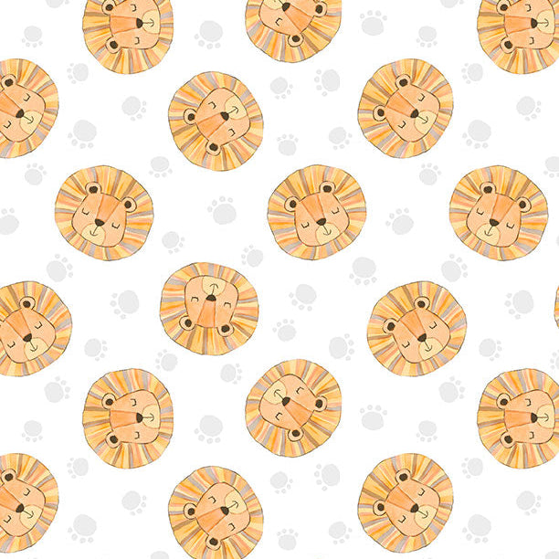A playful pattern featuring cartoon lions with orange manes on a white background, interspersed with light gray paw prints.