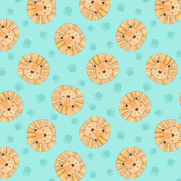 A playful pattern featuring cartoon lions and paw prints on a light blue background.