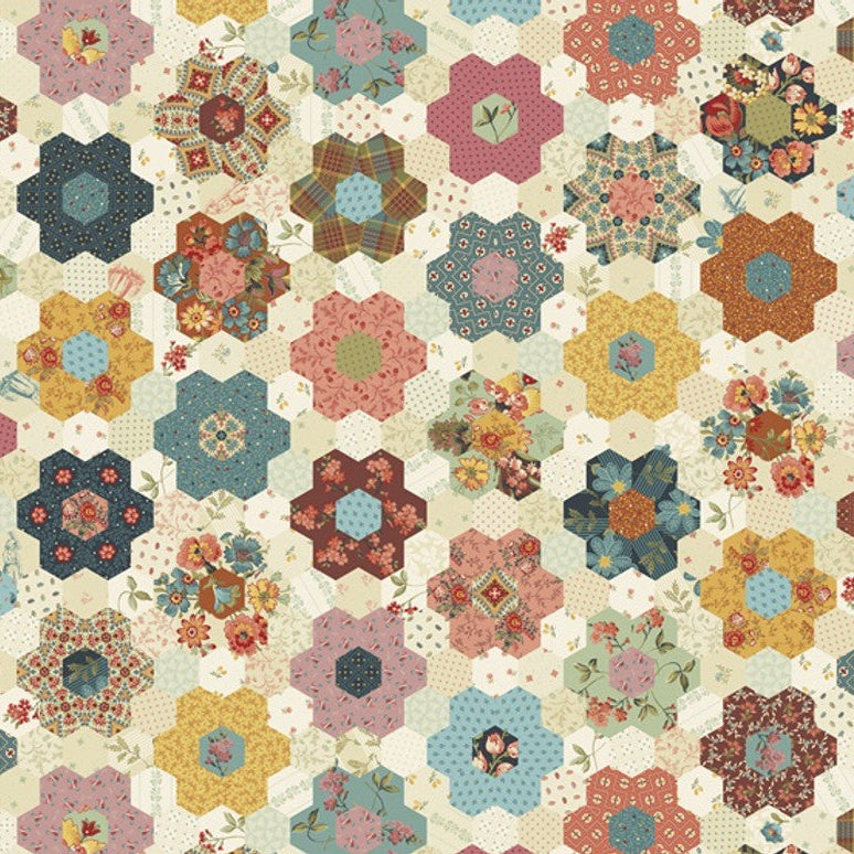 Patterned fabric with colorful floral hexagons on a beige background