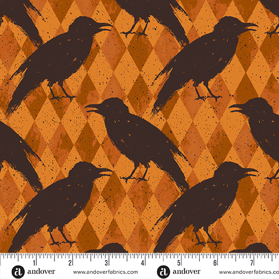 A-1075-O Nevermore by Andover Fabrics Orange Crow Harlequin