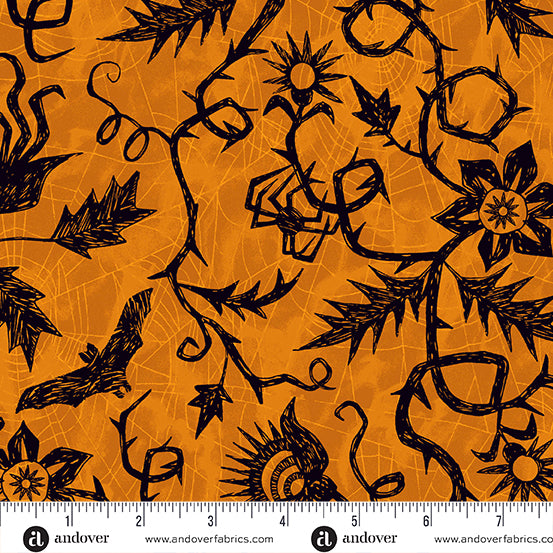 A-1076-O Nevermore by Andover Fabrics Orange Vine Spiderweb