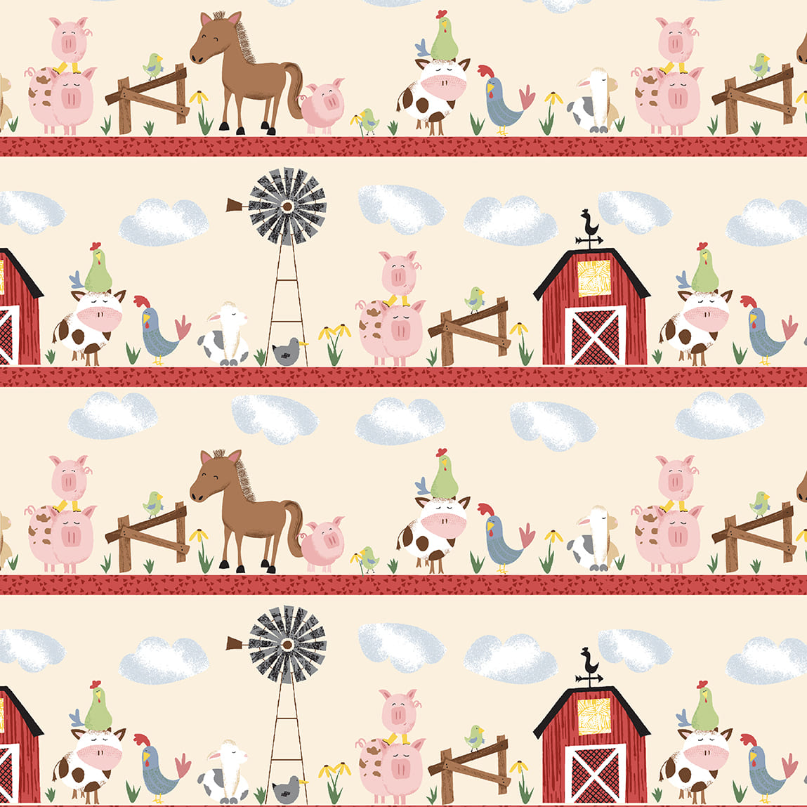 7976-48 Red - Border Stripe || Farm-tastic Friends