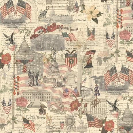 Patterned fabric with American flags, eagles, and architectural elements on a beige background