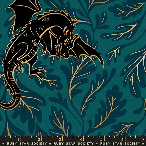 Fabric with gold dragon design on a teal background, featuring Ruby Star Society label.