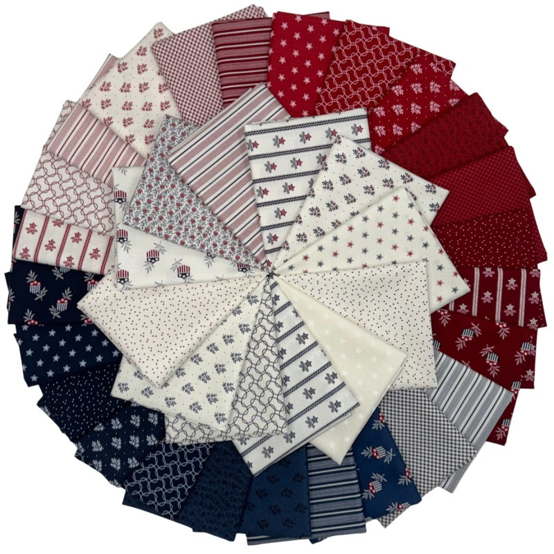 Collection of fabric swatches in red, white, and blue patterns arranged in a circular pattern.