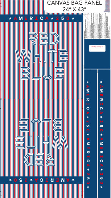 Canvas bag panel with red, white, and blue design and text on a white background