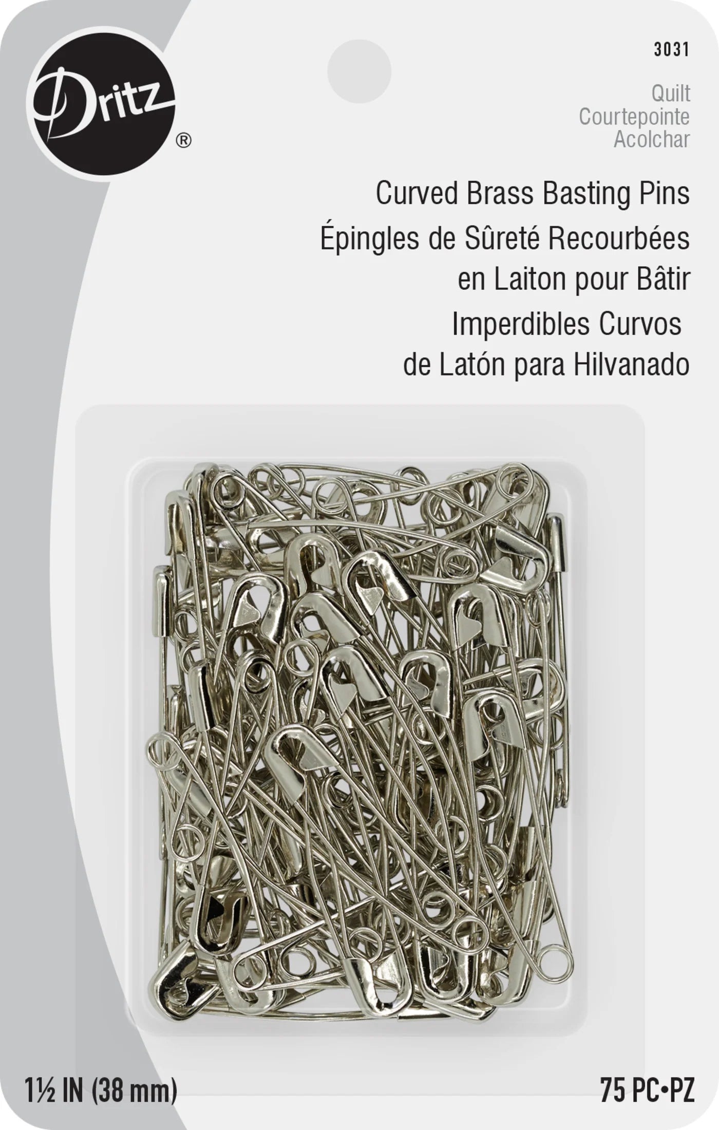 A package of Dritz curved brass basting pins, with 75 pieces included. The pins are nickel-plated and designed for easy penetration of quilt layers.