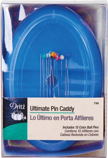 Dritz Ultimate Pin Caddy packaging with blue lid and visible pins.