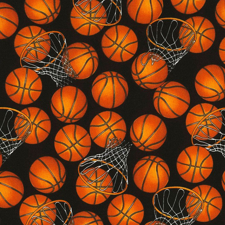 Pattern of basketballs and basketball nets on a black background